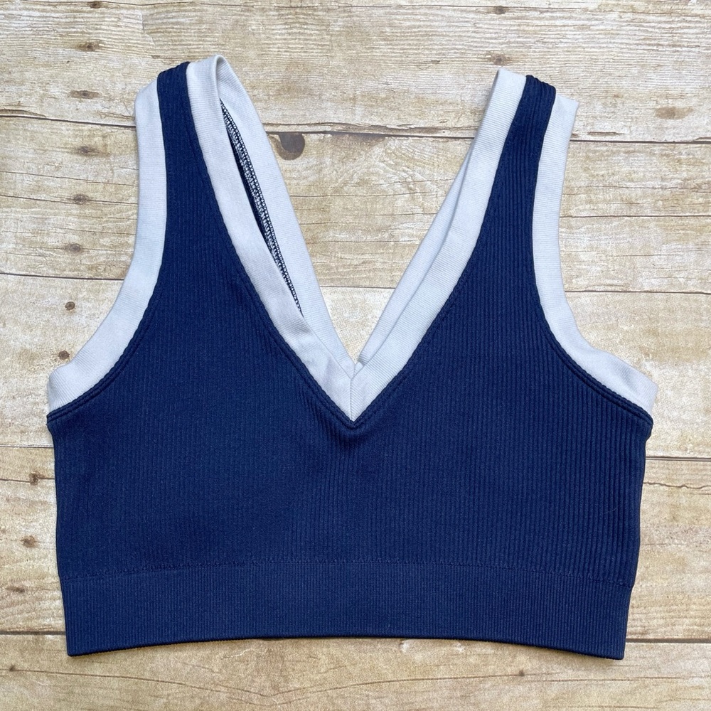 Aerie Offline Ribbed Longline Plunge Sport Bra Blue With White Trim